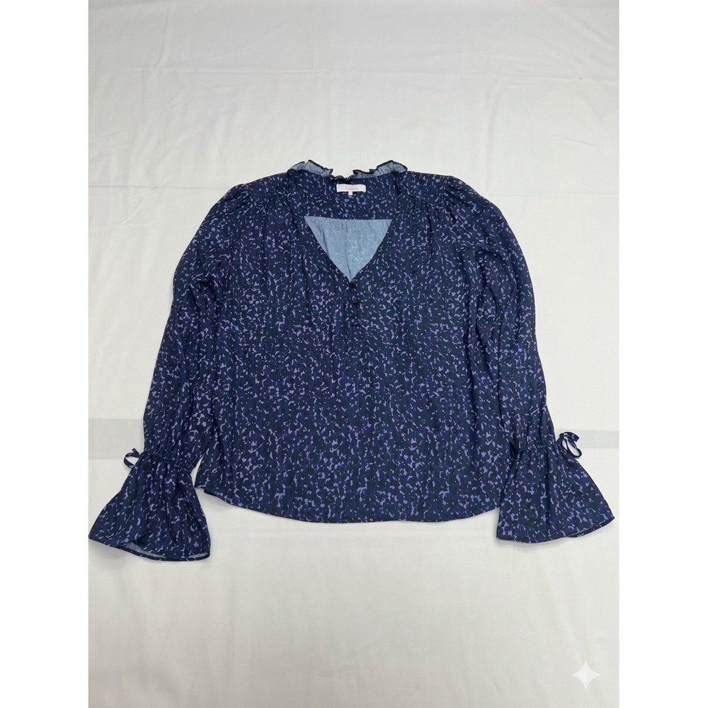 Parker Blouse Womens M Navy Purple Abstract Ruffle Bell Sleeve P9A5398PGP